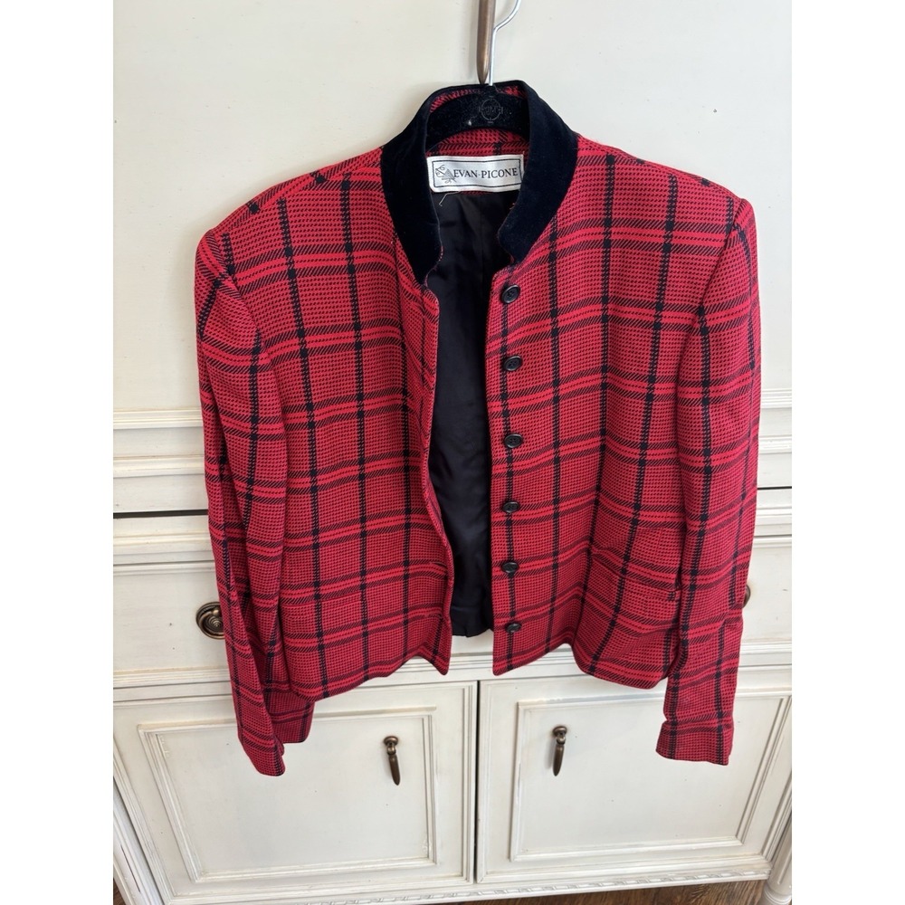 Evan Picone Vintage Black‎ Red Checkered Plaid Blazer Size 6 Made In USA 80s